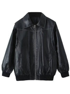 Red PU Leather Jacket Collared Long Sleeves Zipper Daily Casual Jackets