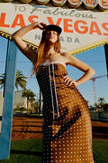 Brown Satin Polka Dot Strapless Backless Maxi Dress