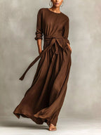Full Size Long Sleeve Tie Waist Maxi Dress Plus Size