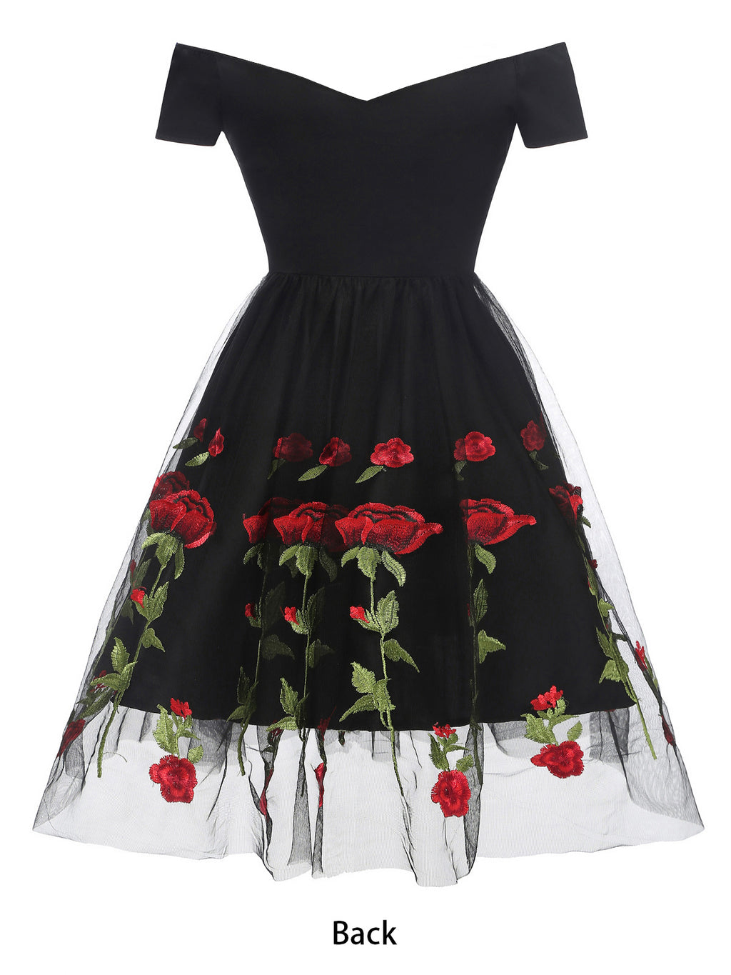 Rose Embroidered Vintage Midi Swing Dress for Women - 1950s Off Shoulder Style A-Line - Summer Tea Party 2026