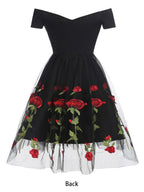 Rose Embroidered Vintage Midi Swing Dress for Women - 1950s Off Shoulder Style A-Line - Summer Tea Party 2026