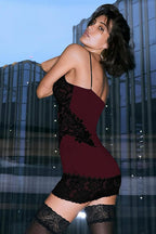 Sweetheart Lace Panel Scallop Trim Spaghetti Strap Bodycon Mini Dress
