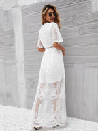 White Lace Boho Maxi Dress for Women - V Neck Short Sleeve Sheer Long Dress - Summer Beach Bridal Resort Wear 2026
