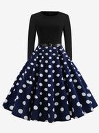 Vintage Polka Dot Swing Dress for Women - 1950s Rockabilly Long Sleeve Belted A-Line Midi Dress - Spring Retro Party 2026