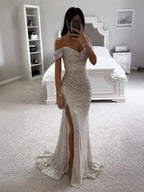 Sequin Maxi Gown With Off-Shoulder And High-slit For Formal Events 2026