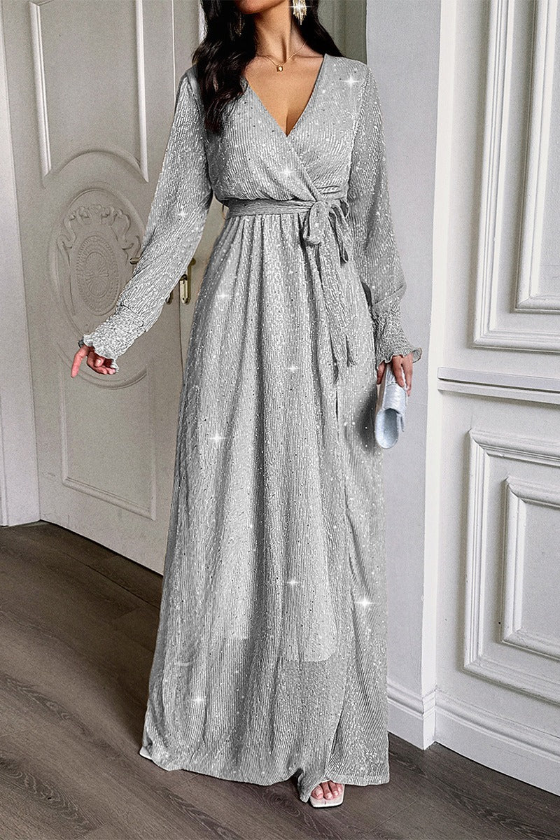 Plisse Long Sleeve Wrap Tie Waist High Slit Maxi Dress