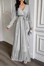 Plisse Long Sleeve Wrap Tie Waist High Slit Maxi Dress