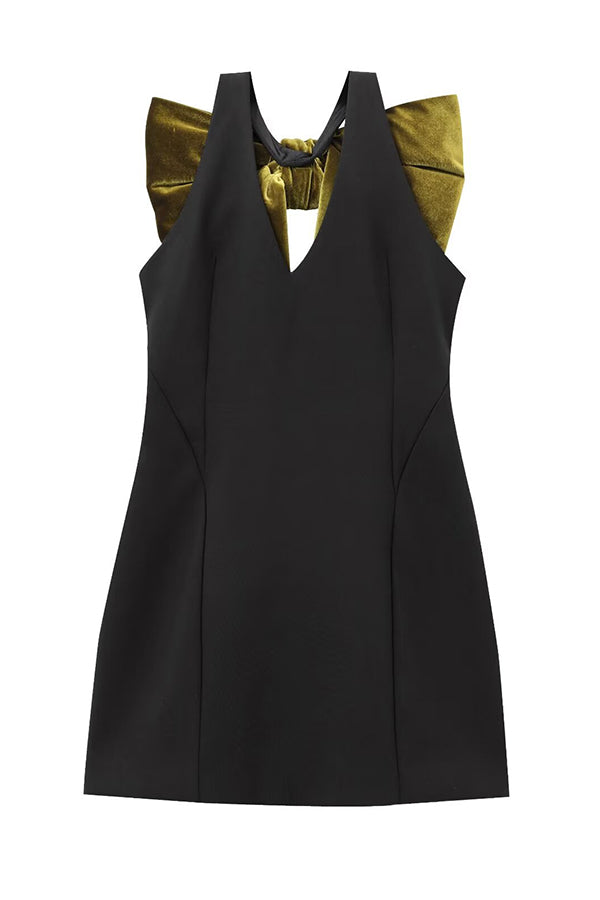 Oversized Velvet Bow Shoulder Open Back Sleeveless Mini Dress