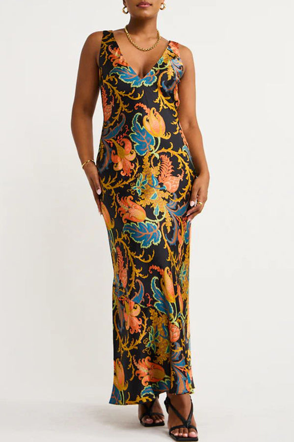 Satin Botanical Print Deep V-Neck Slip Maxi Dress