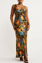 Satin Botanical Print Deep V-Neck Slip Maxi Dress