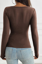 Button Detail Lace Trim V-Neck Long Sleeve Tee