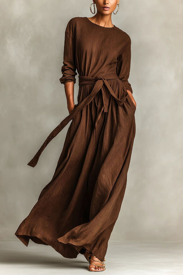 Linen Blend Round Neck Long Sleeve Waist Tie Casual Pocket Maxi Dress