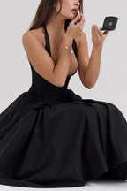 Lilly Timeless Solid a Line Halter Midi Dresses with Deep V Neck Boutique Dress Collection