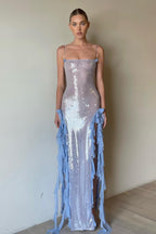 Blue Sequin Sheer Ruffle Maxi Dress