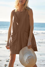 Solid Color Casual Round Neck Sleeveless Pocket Loose Rompers