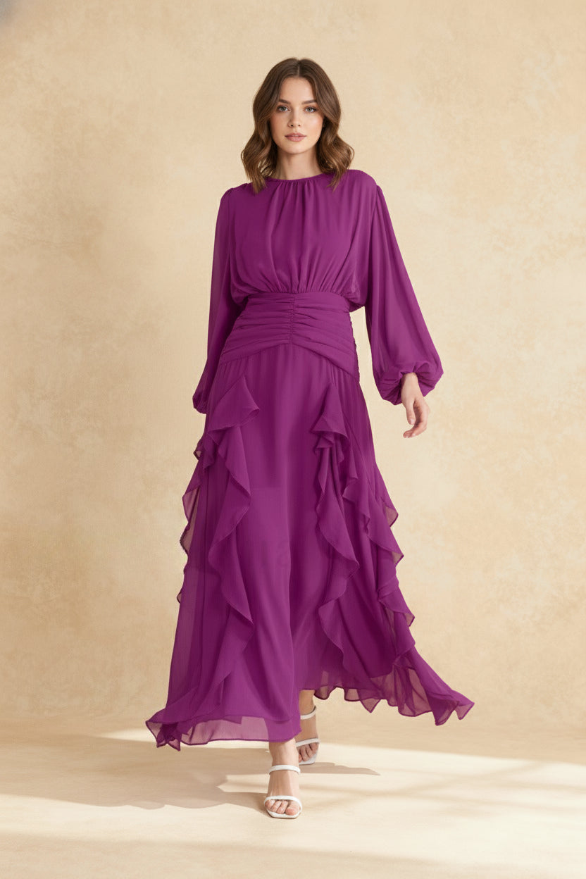 Chiffon Bishop Sleeve High Neck Ruched Waist Cascading Ruffle Tier Maxi Dress