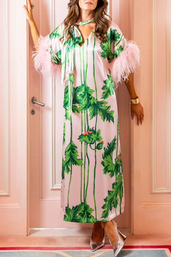 Darling Satin Botanical Print Tie-up Neck Half Sleeve Feather Trim Caftan Midi Dress