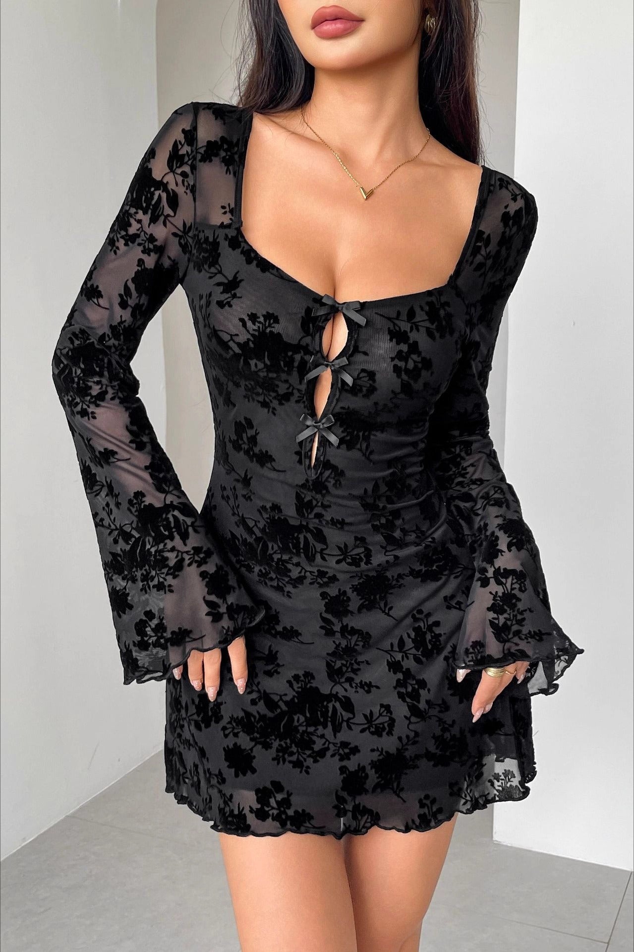 Black Sweetheart Neck Bow Detail Keyhole Flocked Floral Mesh Bell Sleeve Mini Dress