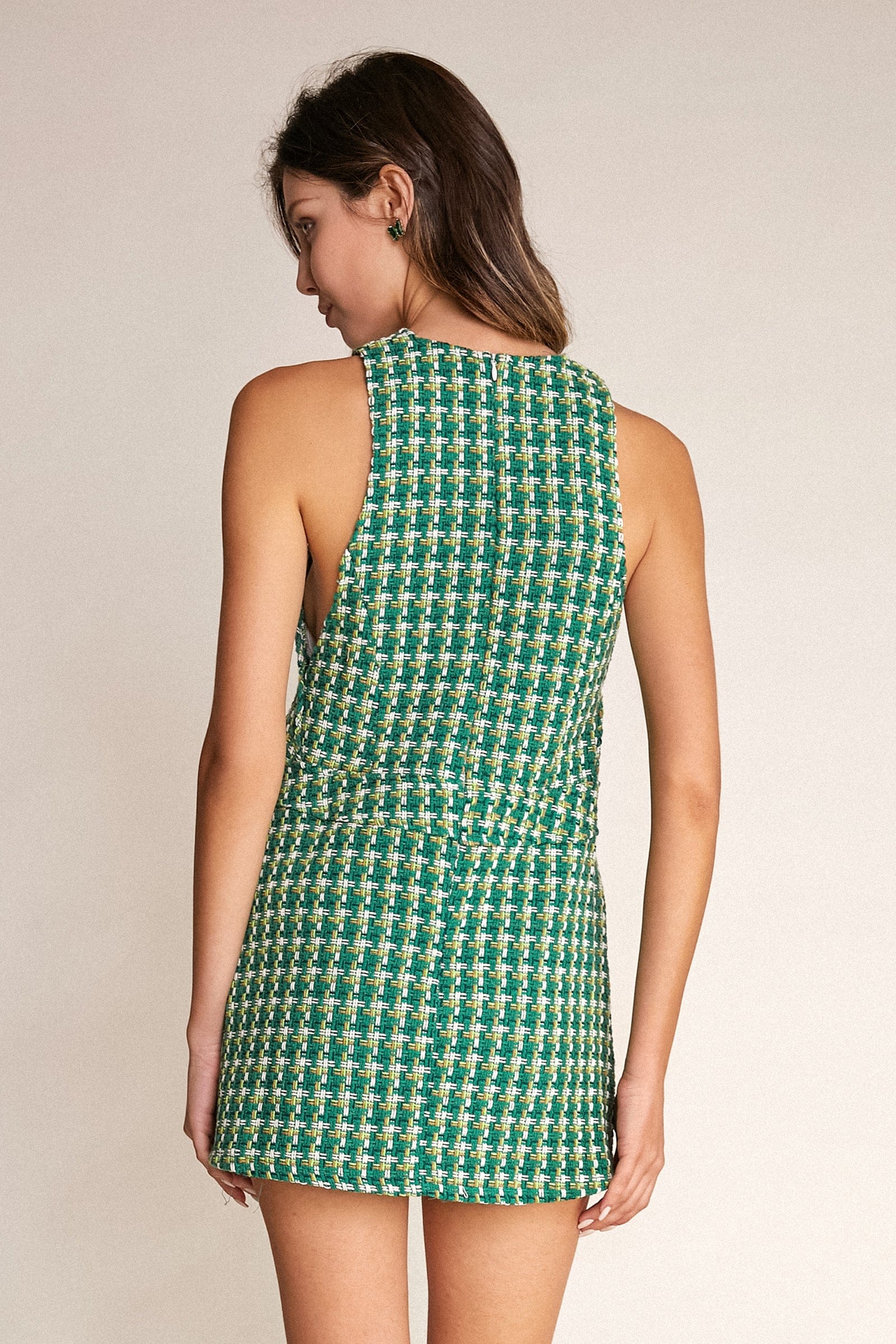 Tweed Boucle Check Sleeveless Crew Neck Mini Dress
