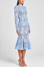 Lace Mock Neck Long Sleeve Belted Mermaid Trumpet Midi Dress