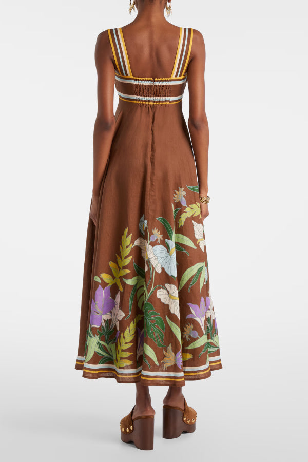 Brown Floral Linen Midi Dress