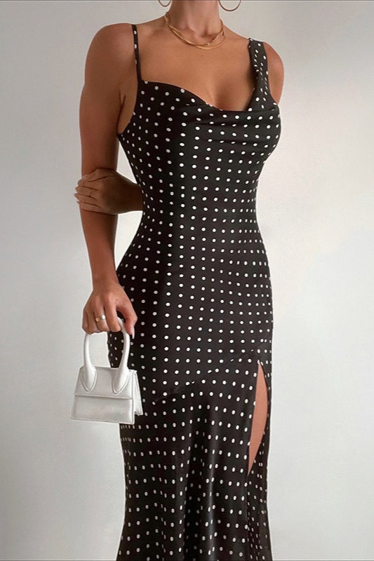 Polka Dot Spaghetti Strap Cowl Neck High Split Slip Maxi Dress