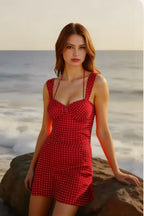 Polka Dot Ruched Sweetheart Halter Tie Spaghetti Strap Mini Dress