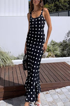 Polka Dot Print Sleeveless Spaghetti Strap Slim-fit Elegant Ruffled Hem Maxi Dress