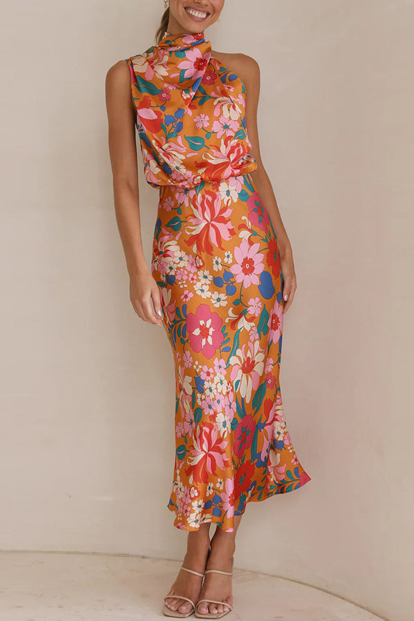 Cowl Neck Sleeveless Floral Print Satin Bias Cut Midi Dress