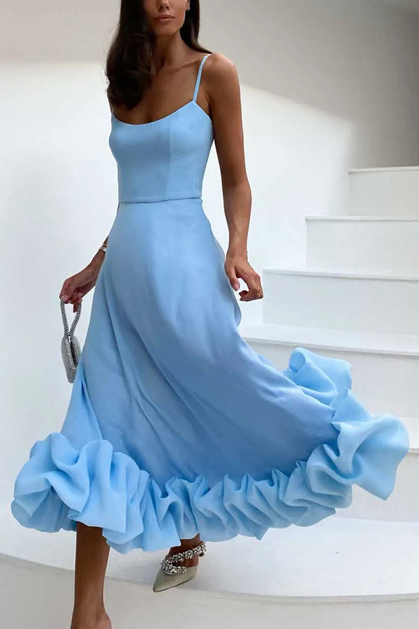 Spaghetti Strap Scoop Neck Ruffled Flounce Hem A-Line Maxi Dress