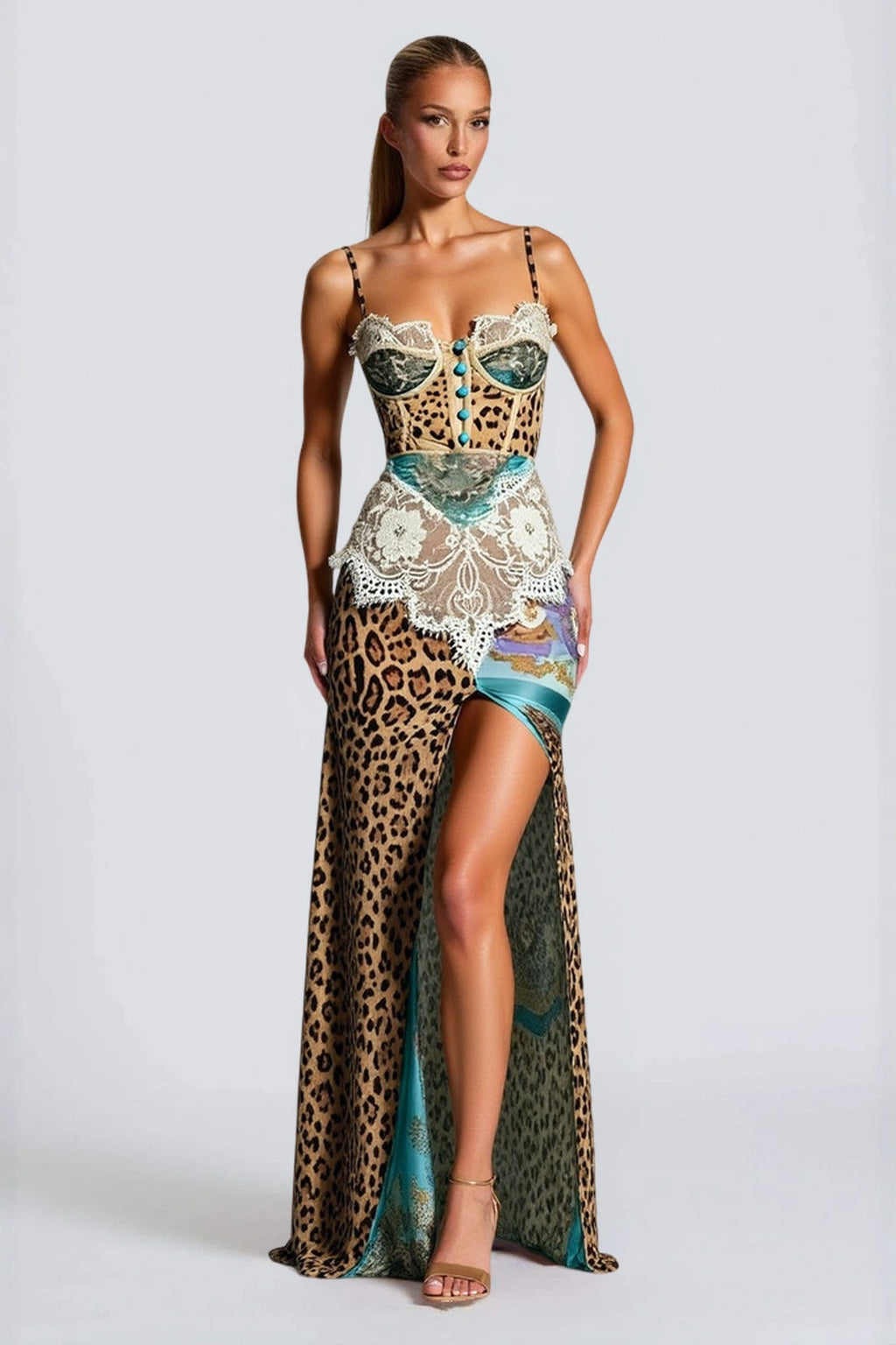 Print Lace Corset Bodice High Slit Maxi Dress