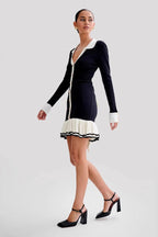 Rib Knit Contrast Collar Pearl Button Ruffle Hem Mini Dress