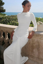 Long Sleeve High Neck Front Knot Ruched Bodycon Maxi Dress