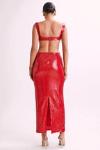 Sequin Square Neck Wide Strap Waist Cut Out Bodycon Maxi Gown