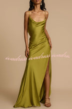 Evening Date Satin Cowl Neck Drape Ruffle Backless Bias Cut Party Maxi Dress