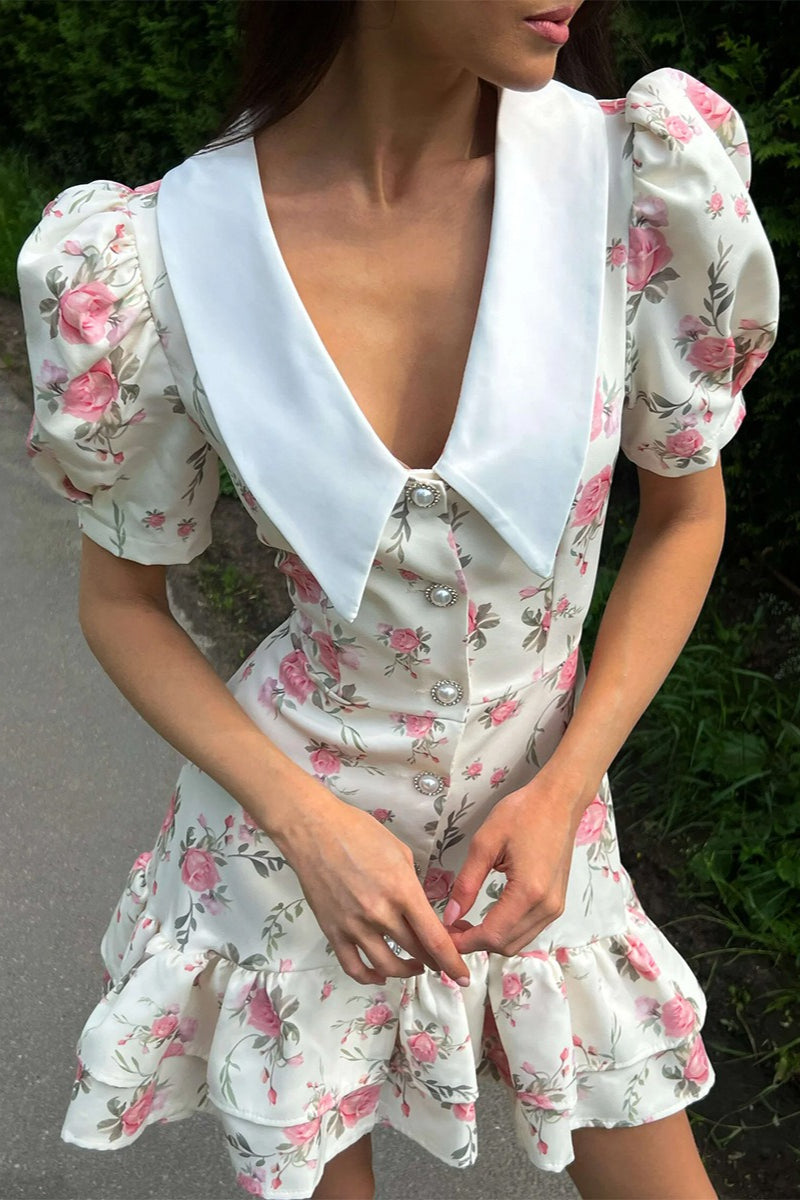 Oversized Collar Puff Sleeve Pearl Button Ruffle Tier Hem Floral Print Mini Dress