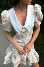 Oversized Collar Puff Sleeve Pearl Button Ruffle Tier Hem Floral Print Mini Dress