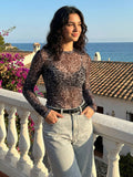 Leopard Print Long Sleeve Mesh Slim Fit Crew Neck Top For Women 2026