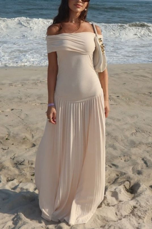 Off Shoulder Dropped Waist Accordion Pleated Maxi Dress