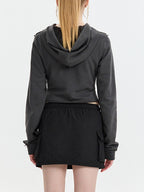 Solid Color Frayed Design Drawstring Long Sleeve Tee