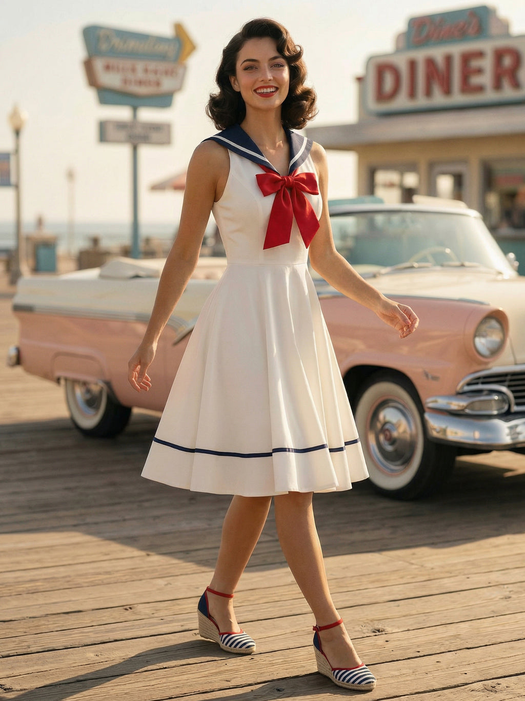 Sailor Collar Bow Knot Sleeveless Retro Swing A-Line Dress For Women 2026