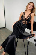 Satin Deep V-Neck Lace Panel Sleeveless Mermaid Maxi Gown