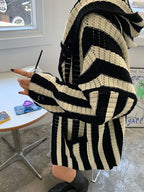 Knit Contrast Color Stripe Hooded Cardigan
