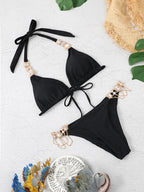Solid Gem Engraved Halter Tie Back Bikinis