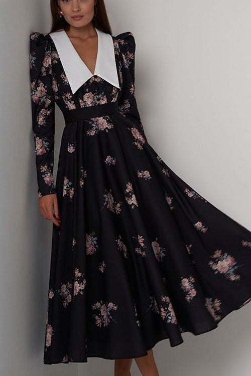 Contrast Collar Puff Sleeve Belted Ditsy Floral Print Midi Dress