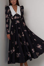Contrast Collar Puff Sleeve Belted Ditsy Floral Print Midi Dress