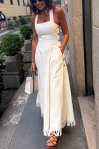 Viki Linen Blend Square Neck Wide Strap Side Button Pocket Tassel Trim Midi Dress