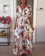 Colorful floral print pleated dress
