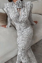 Polka Dot Puff Sleeve V-Neck Rosette Applique Ruched Maxi Dress