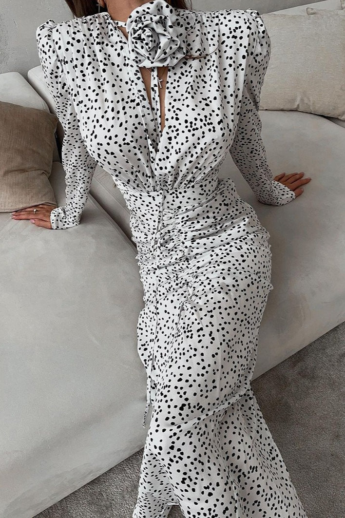 White Polka Dot Floral V-Neck Puff Sleeve Maxi Dress